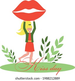 Vector illustration.Young girl carries a kiss in her hands. Postcard to the day of the kiss.