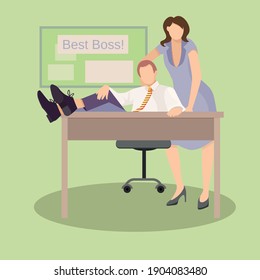 Vector illustration.Young man sits on a chair with his legs thrown on the table. Nearby stands a young woman secretary. The inscription on the board "Best Boss!"