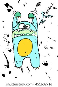 Vector illustration,zombie, cute monster, dragon, halloween, cartoon, blue, yellow, fear, fright, frightening,growling, teeth, claws
