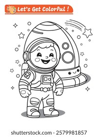 Vector illustratition of astronaut depicted in a detailed spacesuit and a futuristic spaceship, rendered with clear and thick lines, coloring page for kids, cartoon style