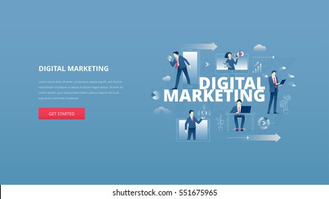 Vector Illustrative Hero Banner Of Digital Marketing. Marketing Hero Website Header With Men And Women Business Characters Around Words 'digital Marketing' Over Digital World Map