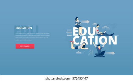 Vector illustrative hero banner of education process. Educational hero website header with young men and women characters around word 'education' over digital world map