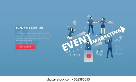 Vector illustrative hero banner of event marketing. Marketing hero website header with men and women business characters around words 'event marketing' over digital world map