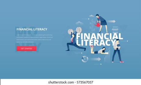 Vector Illustrative Hero Banner Of Financial Education. Educational Hero Website Header With Young Men And Women Characters Around Word 'financial Literacy' Over Digital World Map