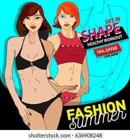 Vector illustrative hero banner of healthy lifestyle, fitness and workout. Fashion summer web banner. Sale banner design template