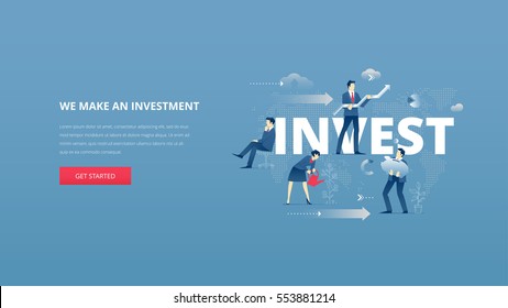 Vector illustrative hero banner of investment. Investment hero website header with men and women business characters around word 'invest' over digital world map