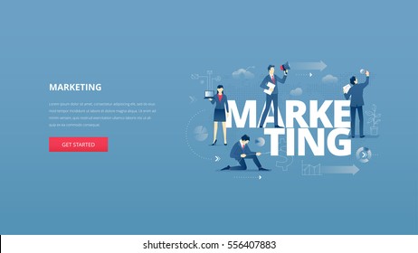 Vector illustrative hero banner of marketing. Marketing hero website header with men and women business characters around words 'marketing' over digital world map