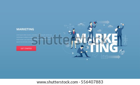 Vector illustrative hero banner of marketing. Marketing hero website header with men and women business characters around words 'marketing' over digital world map
