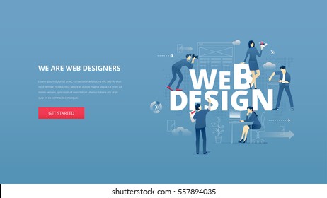 Vector illustrative hero banner of web design. Marketing hero website header with men and women business characters around words 'web design' over digital world map