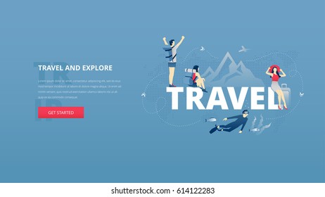 Vector illustrative hero banner of world traveling, exploring and vacation. Trip hero website header with young men and women characters around word 'TRAVEL' together over digital world map.