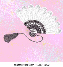 Vector illustrative image of detailed, decorated, ornamental, hand drawn in curling lines fan with white feathers. concept for vintage carnival, masquerade or prom party in retro style.