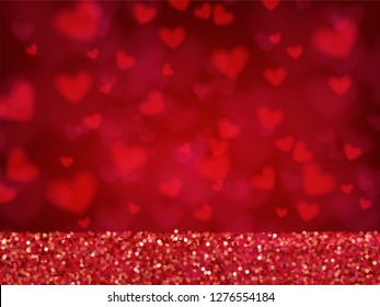  vector illustrative of red heart bokeh background with glitter at bottom of image . Concept design for greeting card, banner, template for Valentine or love event