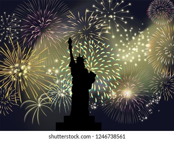 Vector illustrative of The statue of Liberty with colorful fireworks bursting set background. Concept for celebrate for 4th of July the independence day or Christmas and new year season.