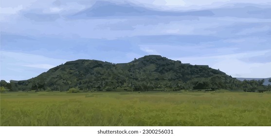 Vector illustrative view of meadows, hills and green trees on a cloud sky background.