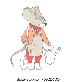 Vector illustratoin. Cute animal like humans. Humanized animal. Mouse gardener with a shovel and watering can