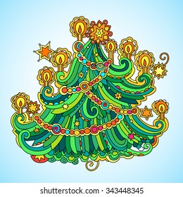 Vector illustratoin of stylized Christmas tree. Greeting card with ornate New Year tree.