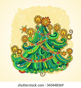 Vector illustratoin of stylized Christmas tree. Greeting card with ornate New Year tree.