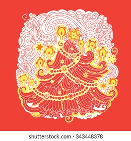 Vector illustratoin of stylized Christmas tree. Greeting card with ornate New Year tree.