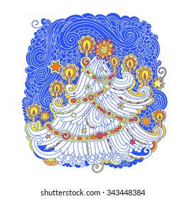 Vector illustratoin of stylized Christmas tree. Greeting card with ornate New Year tree.