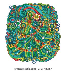 Vector illustratoin of stylized Christmas tree. Greeting card with ornate New Year tree.