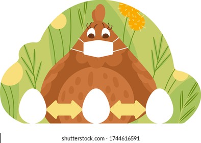 Vector illustraton with a chicken in a protective mask looking at her eggs. Eggs keeping distance because of  quarantine.