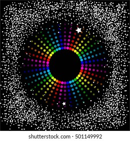 Vector illustraton of Glowing, multicolored ball, snowflakes and stars on a black background.