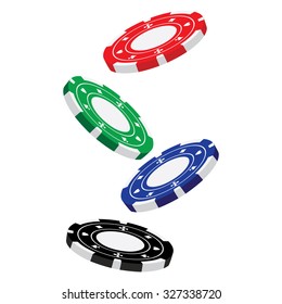 Vector illustraton of red, blue, green and black falling poker chips. Casino chips