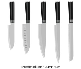 Conjunto de cuchillos de vectores, utensilios de cocina, cuchillos de cocinero, acero inoxidable con mango de plástico o madera, aislados sobre fondo sólido