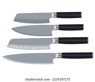 Vector illustraton set of knives, kitchen utensils, chef knives set, stainless steel with plastic or wood handle, isolated on solid background