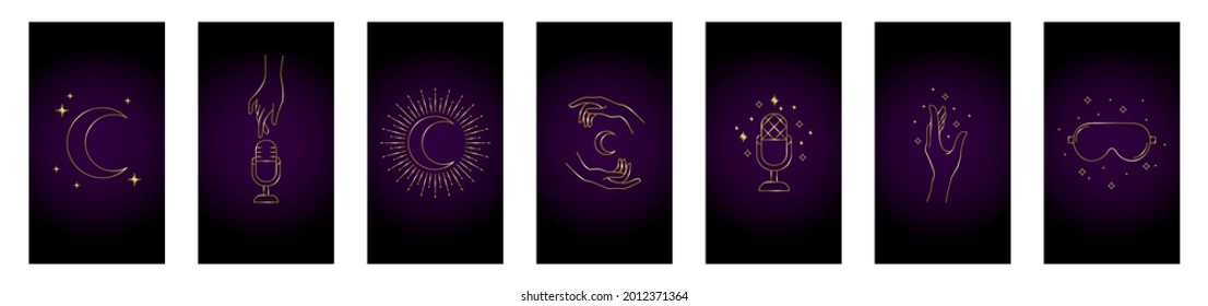 ilustraciones vectoriales, historias doradas y portadas destacadas con iconos mágicos de asmr para medios sociales e impresiones