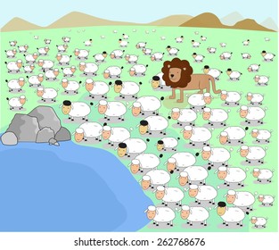 vector illustrator animal lion herd sheep lamb pond concept