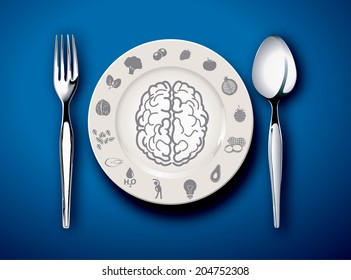 Vector illustrator of Brain food on plate with fork and spoon