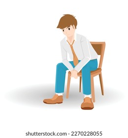 Vector o ilustrador de hombre de negocios en suite privada. Pensado en camisa blanca y pantalones azules sentados en silla marrón. Sombra blanca sobre fondo blanco aislado.