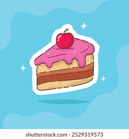 Ein Vektorgrafik-Illustrator der Cartoon-Illustration zeigt ein Stück Kuchen mit einer lebhaften rosa Frosting. Der Kuchen ist in einer dunkleren braunen Farbe geschichtet, für Aufkleber, Druck oder Designgrafik