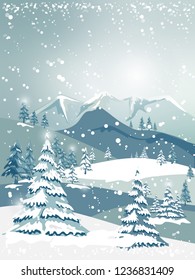 Vector illustrator Christmas and Winter landscape with forest trees on blue mountains in the morning light, Winter and New year holidays concept for greeting card, banner or template 