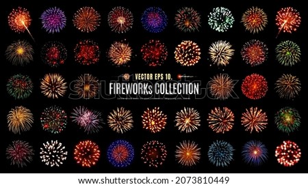 Vector Illustrator Collection Set Amazing Beautiful firework on black background for celebration anniversary merry christmas eve and happy new year.