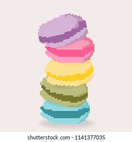 Vector illustrator of colorful assorted macaroons sweet cake. Stack of colorful cartoon macarons icon. Pixel art. 8 bit
