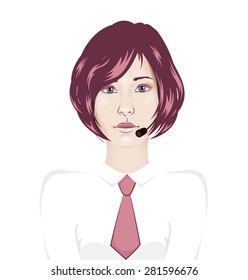 Vector illustrator of consultant woman in call center - business woman with head microphone ready to support