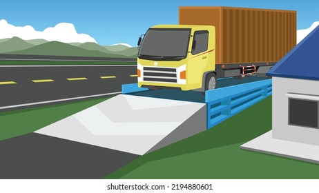 Vector or Illustrator of container car on the weighing scale. There is a control station building on the side beside of motorway of asphlat road.