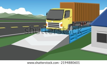 Vector or Illustrator of container car on the weighing scale. There is a control station building on the side beside of motorway of asphlat road.