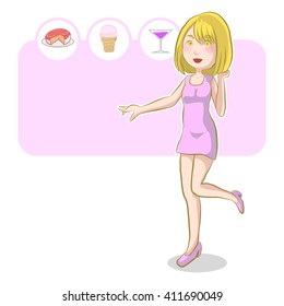 vector illustrator of a cute girl on pink background with cake, ice cream and beverage