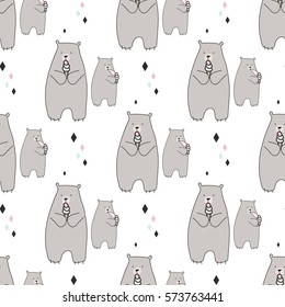 Vector illustrator of cute nursery pattern with bear with ice cream cone. Sweet childhood, funny hand drawn teddy bear greeting. 
