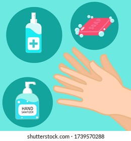 Vector illustrator depicting washing hands with set of hand sanitizer,alcohol gel,soap.Prevention against Covid Virus and Infection. Hygiene Concept cartoon