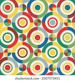 Vector illustrator of a dynamic pattern using circles in primary colors arranged in a grid.