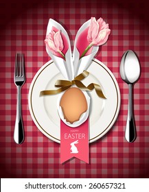 Vector illustrator of Easter table setting. Napkin rabbit form with flower and egg on white plate with spoon and fork.