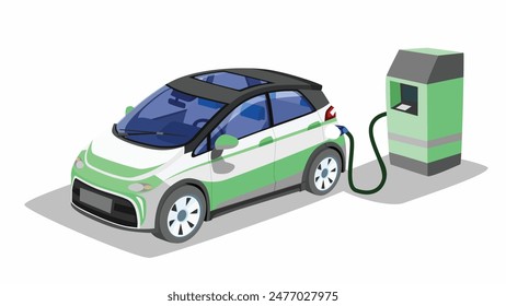Vector or Illustrator of eco car. White mix green color of luxury can view interior of EV car. Shadow on isolated white screen. Electrical power distribution cabinet. refuel electrical energy to car.
