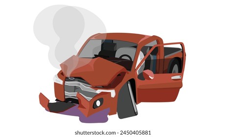 Vista frontal de Vector o Illustrator de la camioneta. La rejilla delantera estaba rota, salía humo y había fugas de aceite. La puerta se abre y el airbag se despliega. En blanco aislado.