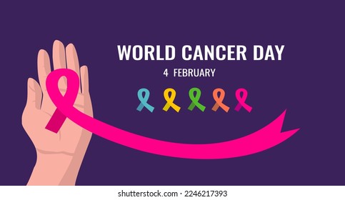 Ilustrador vectorial mano sujetando una cinta rosa para el Día Mundial del Cáncer, fondo púrpura