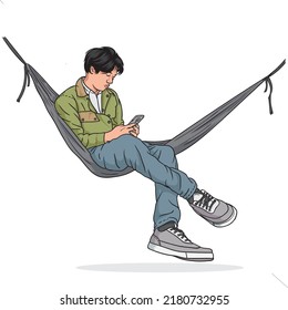 vector illustrator of handsome and cool young man sitting relaxed on a cloth swing or hammock while using a smartphone.