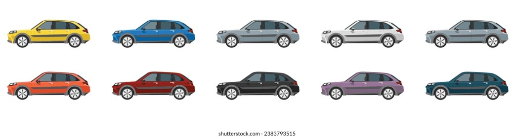 Vector or Illustrator of hatchback cars colorful collection. Design of electric vehicles car. Colorful cars with separate layers. On isolated white background.